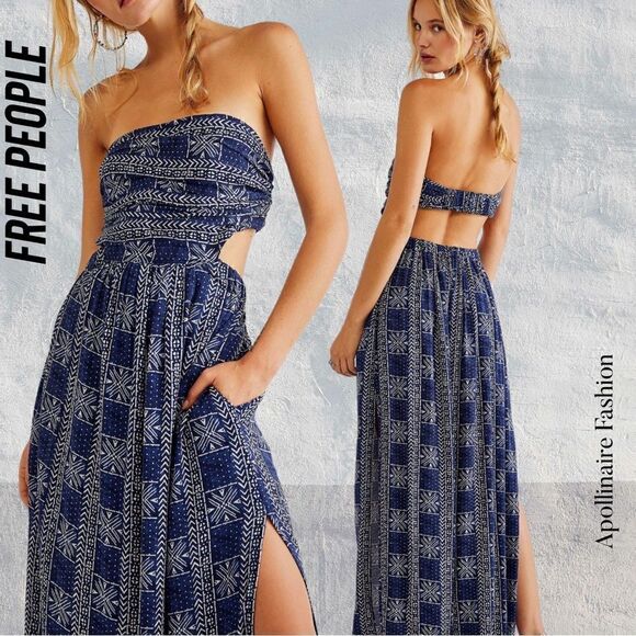 FREE PEOPLE PEYTON MAXI DRESS SIDE SLITS IN NAVY COMBO NWOT LARGE - Picture 1 of 8